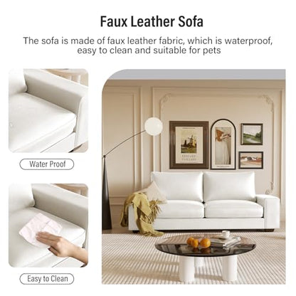 Faux Leather Couch, Mid Century Modern Comfy Loveseat Sofa with Wide Arm, Side Pockets, Solid Wooden Frame for Office, Living Room and Bedroom, 2 Seater (White, 71.25 Inches) - color: White, size: 71.25 inches