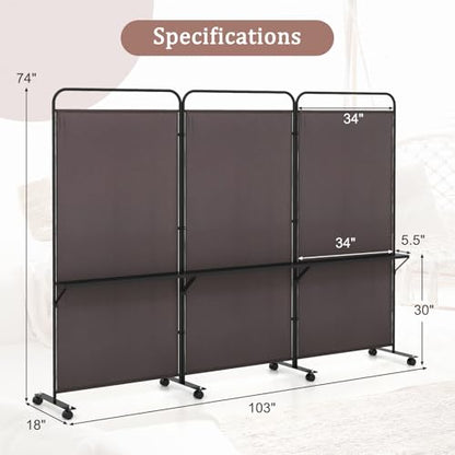 GOFLAME 3 Panel Room Divider with Storage Shelves, 6FT Folding Privacy Screen with Lockable Wheels, Portable Rolling Wall Divider, Freestanding Partition Screen for Room Separation, Brown - color: Brown