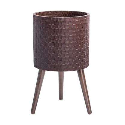 D'vine Dev Planter Pot with Wood Stand, 12 in, Espresso, 88-Z-C-6 | Mid-Century Modern Style, Elevated Plant Display, Drainage Hole and Plug, Functional & Stylish, Modern Indoor Planter - color: Espresso, size: Large
