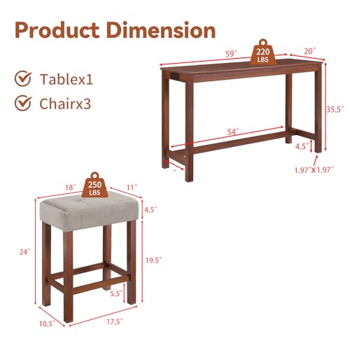 59" Dining Bar Table Set with Power Outlet, Behind Couch Sofa Table with 3 Padded Stools, 4 Piece Bar Table and Chairs Set for Living Room, Dining Room, Cherry - color: R3-cherry