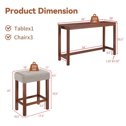 59" Dining Bar Table Set with Power Outlet, Behind Couch Sofa Table with 3 Padded Stools, 4 Piece Bar Table and Chairs Set for Living Room, Dining Room, Cherry - color: R3-cherry