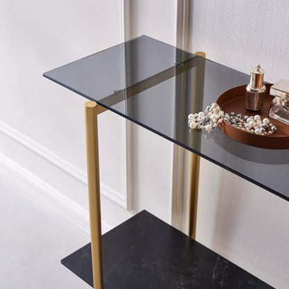 LumFurn Glass Console Table for Living Room, Foyer & Entrance, 2-Tiers Mid-Century Modern Sofa Table with Grey Glass Top, Black Marble Finish Wood Shelf and Gold Finish Frame - color: Grey & Black Marble