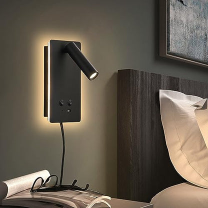 MOLUOLA LED Wall Lamp Wall Mounted Reading Lights, Adjustable Headboard Plug in Wall Sconce with USB C+A Ports, Headboard Bedside Lamp with 9W+3W Night Light 3000K (Black) - color: Black, size: 1 Pack