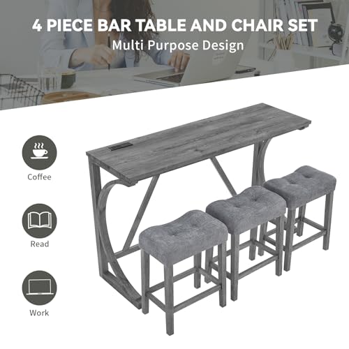 59" Dining Bar Table Set with Power Outlet, Behind Couch Sofa Table with 3 Padded Stools, 4 Piece Bar Table and Chairs Set for Living Room, Dining Room, Gray - color: O1-grey