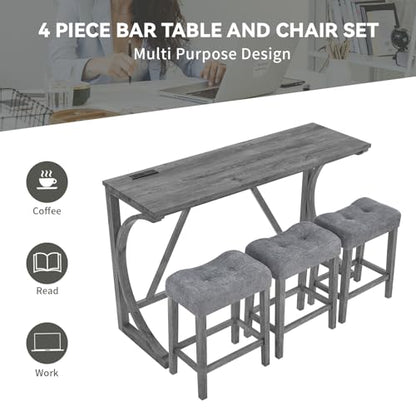 59" Dining Bar Table Set with Power Outlet, Behind Couch Sofa Table with 3 Padded Stools, 4 Piece Bar Table and Chairs Set for Living Room, Dining Room, Gray - color: O1-grey