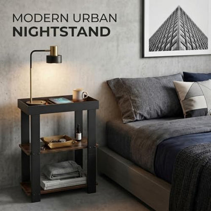 3-Tier Narrow Side Table with Tray Top,Slim Side Table,Rustic Brown | Rustic Farmhouse Narrow End Table with Storage, Modern Slim Table Nightstand for Small Spaces, Bedroom or Living Room - color: Rustic Brown