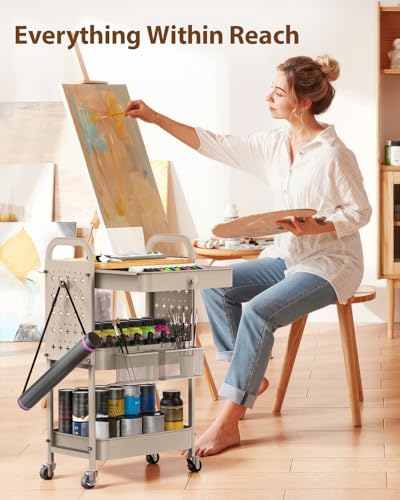 ALVOROG 3 Tier Metal Rolling Cart with Drawer,Wood Top,Pegboards,Khaki | Storage Utility Cart with Drawers,Pegboards,Lockable Wheels,Baskets,Hooks for Kitchen,Office,Bedroom,DIY Supplies - color: Beige