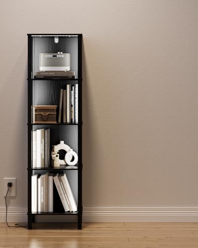 Bookshelf with LED Lights, Modern 4-Tier Bookcase, Open Storage Book Shelf, 11 × 14.2 × 50.4 Inches, Small Narrow Bookshelves for Living Room, Home Office, Bedroom, Black - color: Black