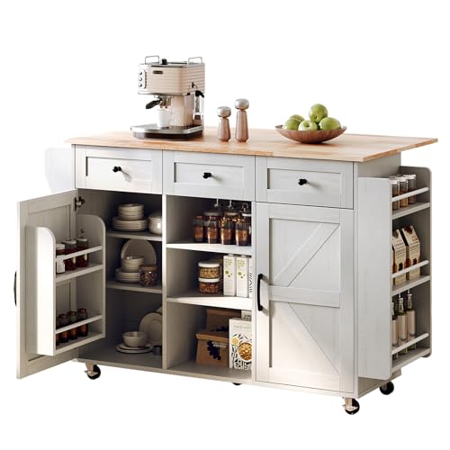 VINGLI 52" W Kitchen Island with Storage and Drop Leaf, Barn Door White | Farmhouse Rolling Cart with 3 Drawers, 2 Barn Doors, Adjustable Shelves, Side Rack and Locking Wheels - color: White