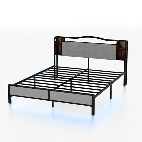 AROMUSTIM Queen Size Bed Frame with LED Lights & Charging Station | Upholstered Headboard & Footboard, No Box Spring Needed, Noise-Free Easy Assembly, Large Under Bed Storage - size: Queen