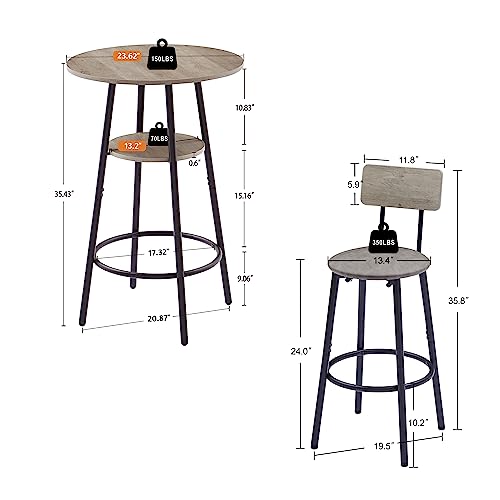 Spaco Bar Table Set for 2, Small Kitchen Dining Table Set with 2 PU Upholstered Stools, Counter Height Dining Table Set with Iron Frame for Kitchen,Small Space - color: Grey, size: 3 Piece-1 Round Table and 2 Round Stools