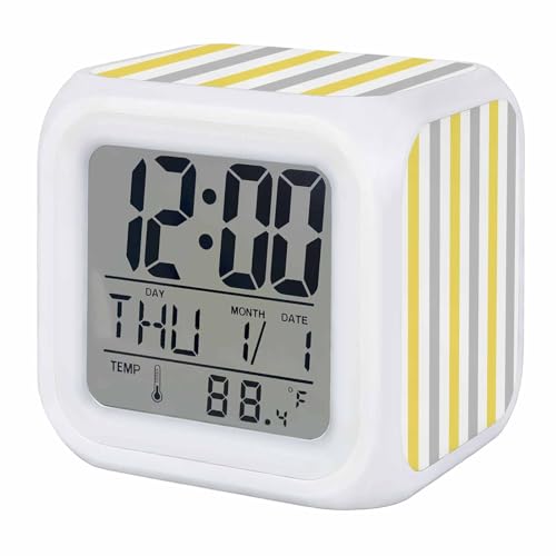 Digital Alarm Clocks for Bedroom,Minimalist Yellow Grey White Striped Cube Alarm Clock with Snooze and Nightlight Abstract Geometric Line Silent Office Desk Clock Time/Date/Temperature Display - color: Yellow