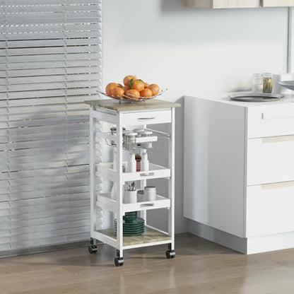 HOMCOM Mobile Kitchen Cart with Storage Solid Wood Frame Utility Cart White | Rolling Kitchen Island, Wire Fruit Baskets, Trays, Drawer - color: White