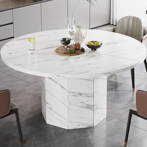 HSH 47 Inch White Faux Marble Round Dining Table for 4-6 People | Modern Wood Table Industrial Circle Kitchen Table for Home Living Room, Wood and Metal Dining Room Desk with Octagon Base - color: White Faux Marble