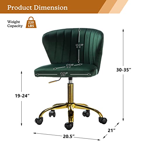 TINA'S HOME Office Desk Chairs with Wheels & Gold Base, Modern Velvet Cute Armless Office Chair, Adjustable Low Back Swivel Rolling Chair, Upholstered Task Chair for Living Room Vanity Study-Green | Modern Velvet Cute Armless Office Chair, Adjustable Low