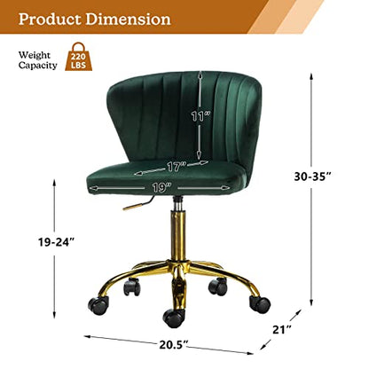 TINA'S HOME Office Desk Chairs with Wheels & Gold Base, Modern Velvet Cute Armless Office Chair, Adjustable Low Back Swivel Rolling Chair, Upholstered Task Chair for Living Room Vanity Study-Green | Modern Velvet Cute Armless Office Chair, Adjustable Low