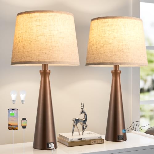 Modern Touch Lamps for Nightstand, 3 Way Dimmable Bedroom Lamp Set of 2 | USB C+A Charging Ports, Brown Bedside Lamps for Bedroom, Living Room, End Table, Bed Side, LED Bulb Included - color: I. Brown Base-Beige Shade