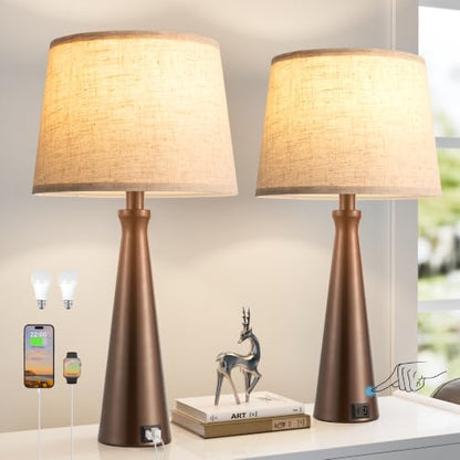 Modern Touch Lamps for Nightstand, 3 Way Dimmable Bedroom Lamp Set of 2 | USB C+A Charging Ports, Brown Bedside Lamps for Bedroom, Living Room, End Table, Bed Side, LED Bulb Included - color: I. Brown Base-Beige Shade