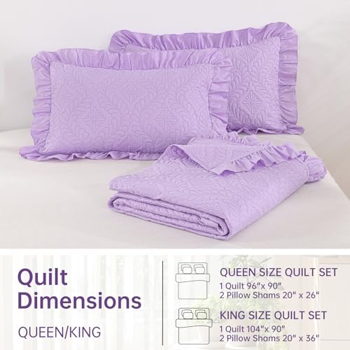 DJY Queen Quilt Set, Ruffled Bedding, Lavender Purple Bedspreads | Lightweight Soft Coverlet, 3 Piece Basket Weave Quilted Blanket Thin Quilt Bed Cover for All Season, 96''x90'' - color: Lavender, size: Queen