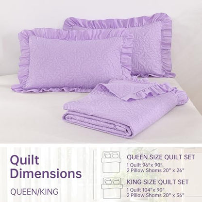 DJY Queen Quilt Set, Ruffled Bedding, Lavender Purple Bedspreads | Lightweight Soft Coverlet, 3 Piece Basket Weave Quilted Blanket Thin Quilt Bed Cover for All Season, 96''x90'' - color: Lavender, size: Queen