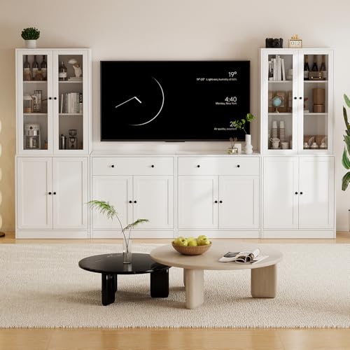 TUSY 71" TV Stand Storage Set - 2 Tall Bookcases & 2 Side Cabinets, Media Console with Glass & Wood Doors, Entertainment Center with Drawers, Tall Media Console for Living Room (White, AEEA) - color: White
