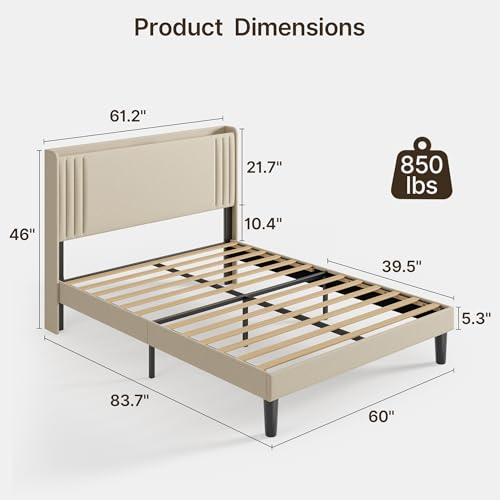 Gizoon Queen Bed Frame with Charging Station and LED Lights | Upholstered Wingback Platform Bed with Padded Headboard,Wooden Slats,Noise-Free,No Box Spring Needed, Easy Assembly,Beige - color: Beige+led, size: Queen