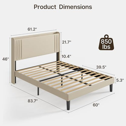 Gizoon Queen Bed Frame with Charging Station and LED Lights | Upholstered Wingback Platform Bed with Padded Headboard,Wooden Slats,Noise-Free,No Box Spring Needed, Easy Assembly,Beige - color: Beige+led, size: Queen