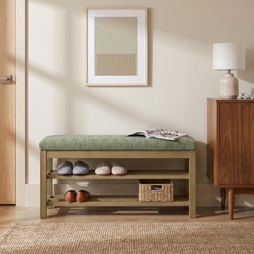 VKNOW 44.3” Entryway Bench, 2-Tier Upholstered Shoe Storage Bench, Green | Shoe Bench with Rubberwood Legs, Shoe Rack for Entryway, Hallway, End of Bed, Living Room - color: Green1