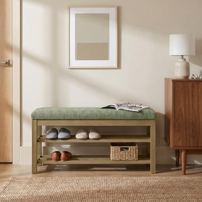 VKNOW 44.3” Entryway Bench, 2-Tier Upholstered Shoe Storage Bench, Green | Shoe Bench with Rubberwood Legs, Shoe Rack for Entryway, Hallway, End of Bed, Living Room - color: Green1