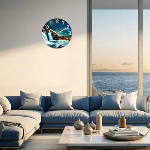 XNM Glass Teal Wall Clocks Battery Operated 12 Inch | Analog Natural Landscape Wall Clock for Bedroom Living Room Kitchen Round Small Silent Clock - color: Teal 10, size: 12 Inch