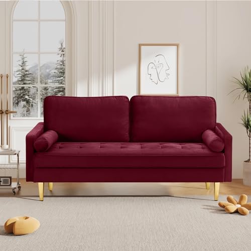 67" Modern Velvet Loveseat Sofa Couch, Mid-Century Tufted Upholstered Small Love Seat Couch with 2 Pillows & 4 Golden Legs, 2-Seats Couches for Compact Space, Living Room, Apartment (Burgundy) - color: Burgundy