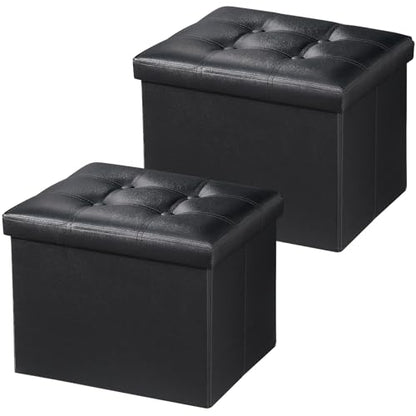 Bsketa 2PC Storage Ottoman, Folding Foot Stool with Thicker Foam Padded Seat Small Leather Storage Ottoman Bench Foot Rest for Living Room Foldable Coffee Table 17x13x13in,Black | Ottoman with Storage, Thicker Foam Padded Seat, Living Room, Dorm, Bedroom,