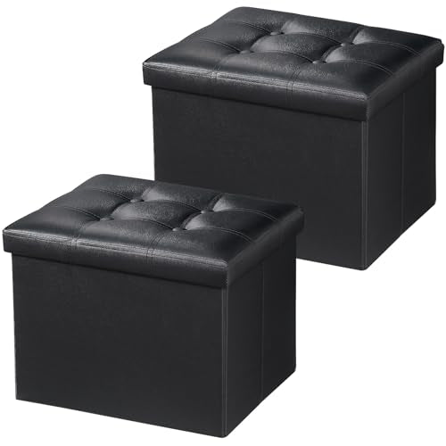 Bsketa 2PC Storage Ottoman, Folding Foot Stool with Thicker Foam Padded Seat Small Leather Storage Ottoman Bench Foot Rest for Living Room Foldable Coffee Table 17x13x13in,Black | Ottoman with Storage, Thicker Foam Padded Seat, Living Room, Dorm, Bedroom,