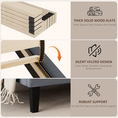 Queen Size Bed Frame with Headboard, Platform Bed with Upholstered Wingback Storage Headboard, Slats Support, No Box Spring Needed Dark Grey