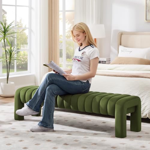 63” Dining Room Bench, Olive Green Tufted Upholstered End of Bed Bench, Modern Entryway Ottoman Window Seat with Solid Wood Legs and Padded Seat for Bedroom, Hallway and Living Room (Velvet) - color: Olive Green Velvet, size: 63"
