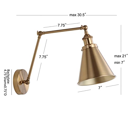 JONATHAN Y Rover 1-Light Wall Sconce 7", Brass Gold | Adjustable Arm, Hardwired Bedside Reading Swing Arm, Farmhouse Cone Shade, Metal Hardwired Indoor Fixture, LED Bulbs Included - color: Brass Gold, size: Set of 1