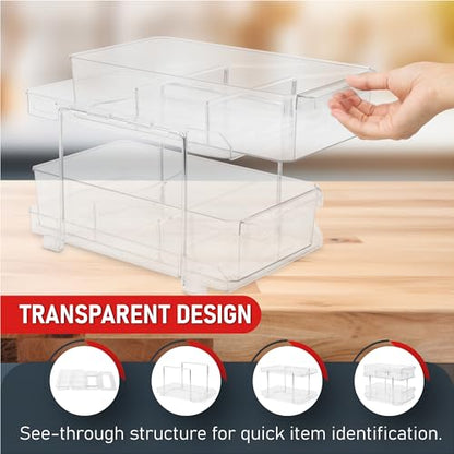 Masirs 2-Tier Clear Pull-Out Drawer Organizer - Sleek, Compact & Sturdy Makeup and Closet Organizer - Easy Assembly Kitchen Storage Solution, Ideal for Makeup, Tools, Medicines & Snacks