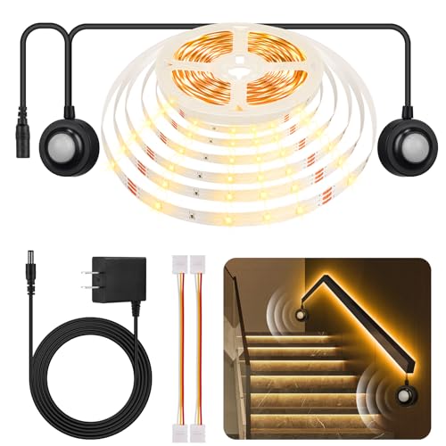 Dual Motion Sensor Light Strip Indoor Under Bed Lights Warm White 16.4Ft | Motion Activated LED Strip Lights, Auto On/Off, Two-End Motion Sensors Night Lighting 12V For Bedside Stair Cabinet Hallway - size: 16.4ft-Two Motion Sensors