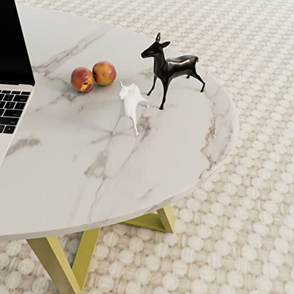 Wolawu Coffee Table White Faux Marble Coffee Table for Living Room,Oval Center Tables Modern Tea Table for Small Space,Wooden Living Room Tables End Table with Sturdy Gold Metal Leg - color: White Gold