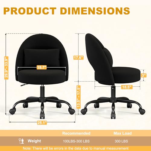 Misolant Vanity Chair with Back, Armless Cute Office Chair with Wheels for Girls, Teddy Fleece Fabric Small Desk Chairs with Adjustable Height, Lumbar Support Pillow, 360°Swivel for Makeup Room, Black - color: Black