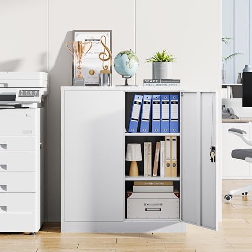 Metal Storage Cabinets with Lock Door,2 Adjustable Shelves Organizer Steel Storage Cabinets for Home,Office,Warehouse,Garage,Employee Lockers(White) - color: White, size: 16"D x 32"W x 36"H