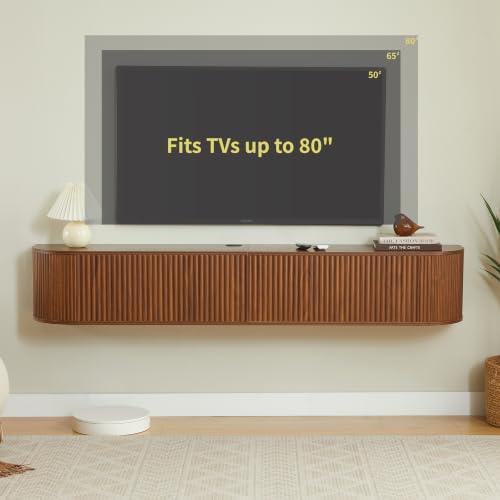 LUMISOL 71” Wall Mounted Floating TV Cabinet with Fluted Doors, Media Console with Cable Management Holes for Living Room, Bedroom, Walnut - size: 70.87"L x 12.6"W x 11.81"H