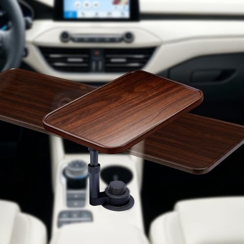 Car Desk for Laptop, 360° Swivel, Height Adjustable Wood-Grain Tray | Tool-free install, fits 2.8"-3.9" cup holders. Scratch-resistant wood-grain finish. For laptop work, dining, or passenger use