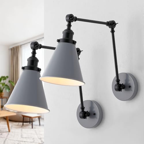 JONATHAN Y Rover 1-Light Wall Sconce 7", Gray/Black, Set of 2 | Adjustable Arm, Hardwired Bedside Reading Swing Arm, Farmhouse Cone Shade, Metal Hardwired Indoor Fixture, LED Bulbs Included - color: Gray/Black, size: Set of 2