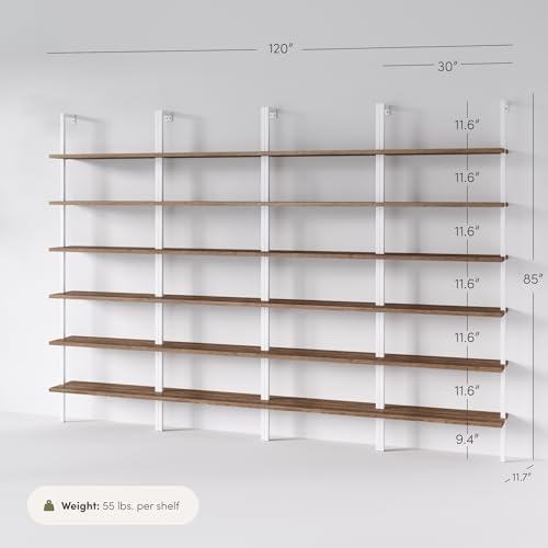Nathan James Theo 6-Shelf Tall Bookcase, Wall Mount Bookshelf with Natural Wood Finish and Industrial Metal Frame, Rustic Oak/White, Set of 4 - color: Oak/Matte White, size: Set of 4