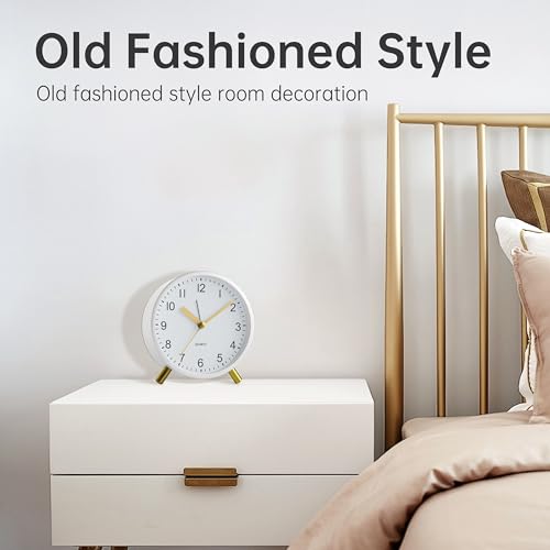 JALL Analog Alarm Clock, 4 inch Super Silent Non Ticking Small Clock with Night Light, Battery Operated, Simple Design, Easy Setting for Office, Bedroom, Bedside, Desk, Teens, Elders, Adult, White - color: White+gold