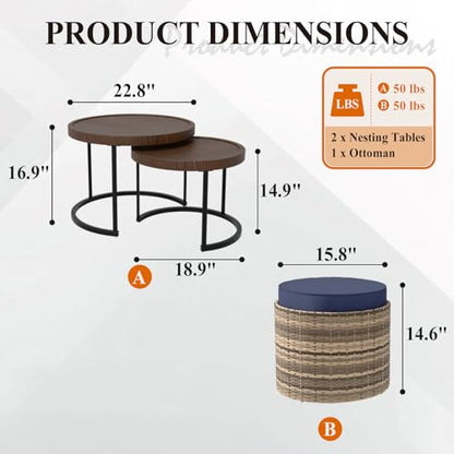 Cabana Chic Nesting Tables with Ottomans, Outdoor Round Side Table, Nesting Coffee Table Set, 2 Tables 1 Ottoman, Brown/Blue - color: Brown/Blue