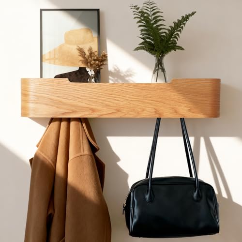 Coat Rack Wall Mount with Shelf Entryway Shelf Modern Key Holder Hanger Wall Shelves with Hidden Hooks for Hanging Towels Coats Hats Bags for Hallway Bathroom Bedroom (Oak, 5 Hooks) - color: Oak, size: 5 hooks
