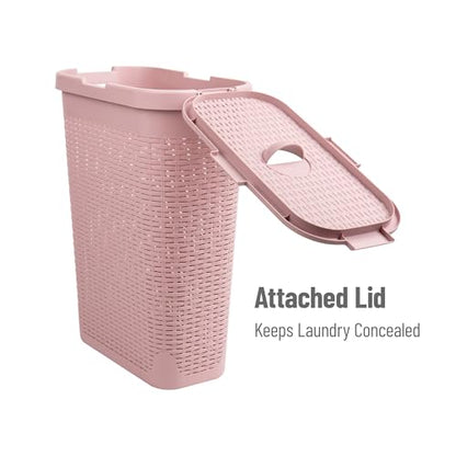 Mind Reader Slim Laundry Hamper with Lid, 40L Clothes Basket, Narrow Tapered Design with Ventilated Cutout Pattern, Plastic, Pink - color: Pink, size: Single