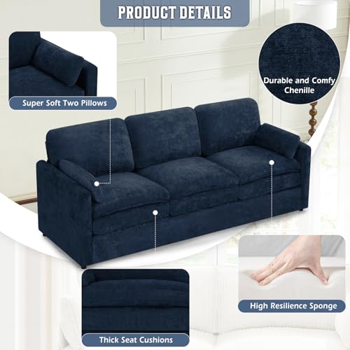 89" Chenille Modern Sofa w/Plump Backrests, Blue | 3 Seater Couch w/Soft Pillows, Comfy Upholstered Couch w/Thicker & Deeper Seats for Living Room, Bedroom - color: Blue, size: Sofa